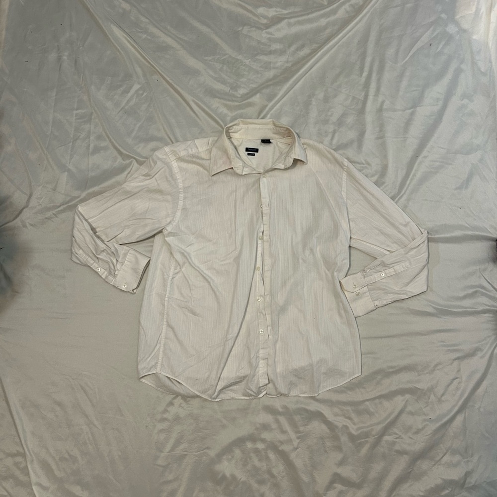 Van Heusen Studio Cream Stripe Button-Down Dress Shirt (Men’s Large)